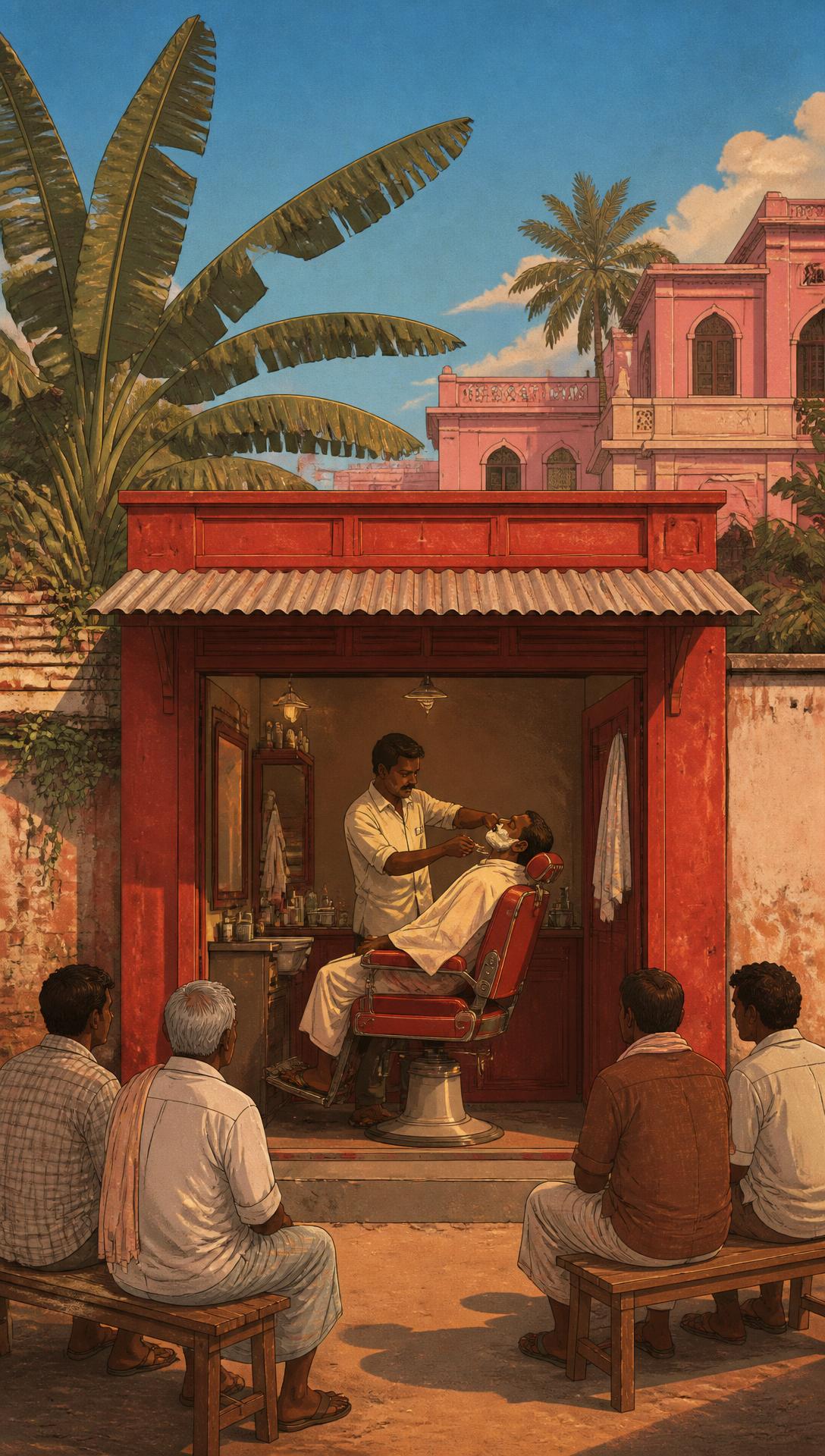 Illustration of a red street-side barbershop in India, a barber shaving a customer while neighbours wait on benches